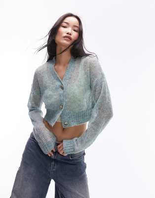 Topshop knitted sheer knit cardigan in light blue-Green