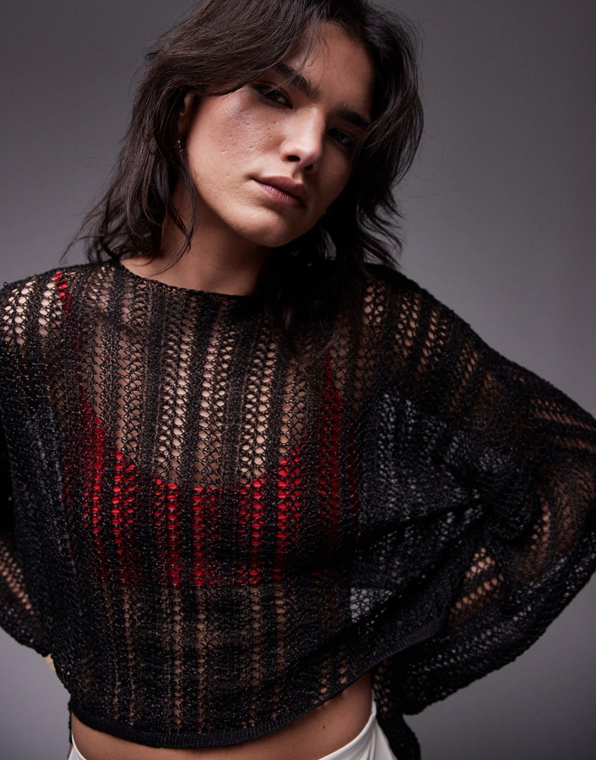 Topshop knitted sheer knit jumper in black