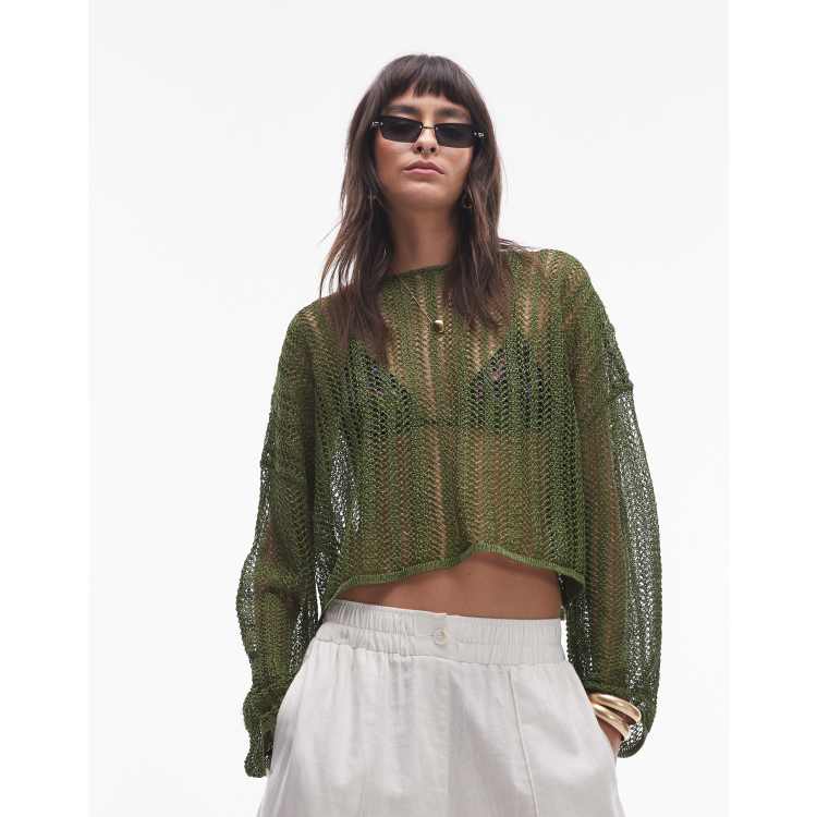 Topshop knitted sheer knit jumper in khaki | ASOS