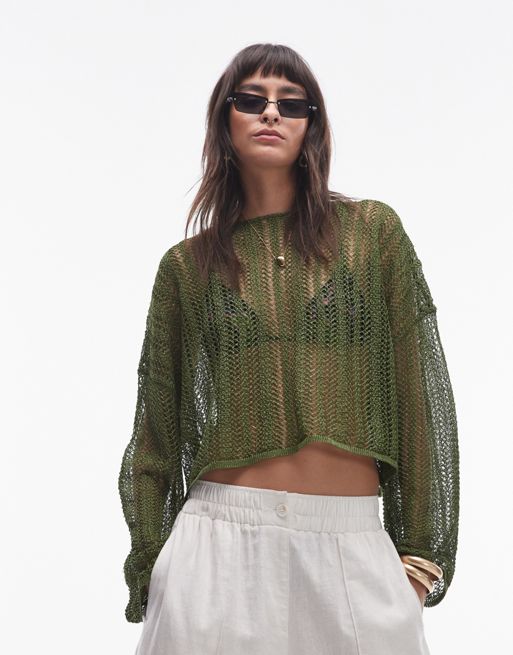 Topshop knitted sheer knit jumper in khaki