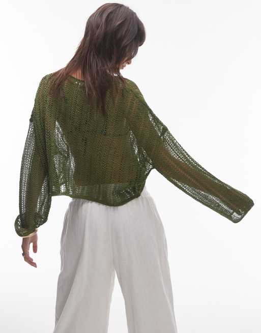Topshop knitted sheer knit jumper in khaki | ASOS