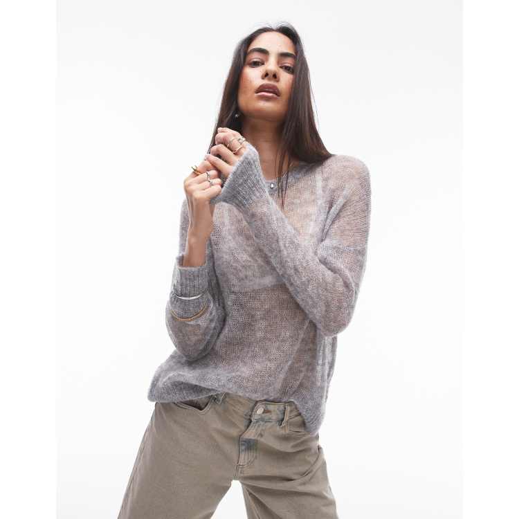 Topshop knitted sheer long line jumper in grey | ASOS