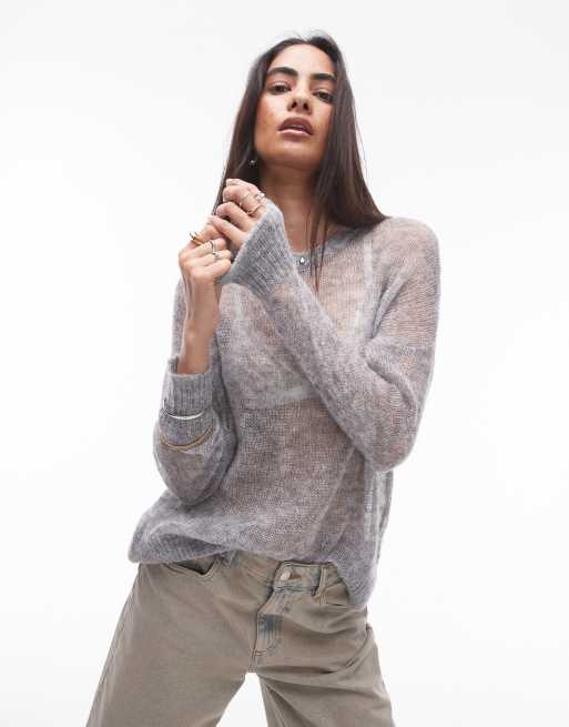 Topshop knitted sheer long line jumper in grey | ASOS