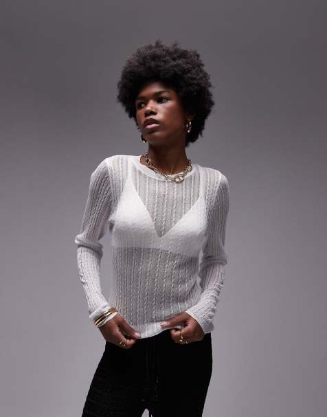 Topshop knitted sheer long sleeve top in ivory - view 1