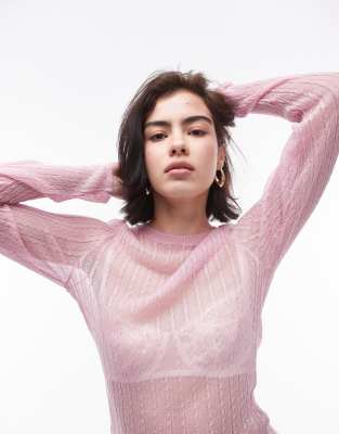 Topshop Knitted Sheer Long Sleeve Top In Pink-multi