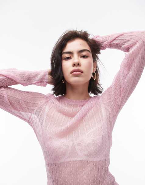 Topshop knitted sheer long sleeve top in pink - view 1