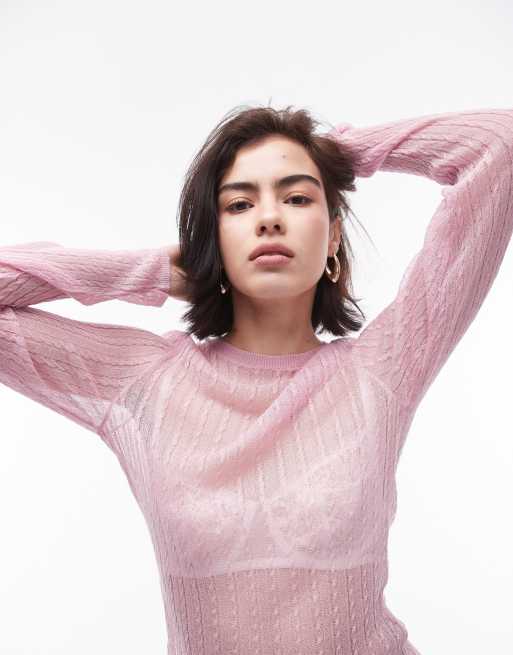 Topshop knitted sheer long sleeve top in pink