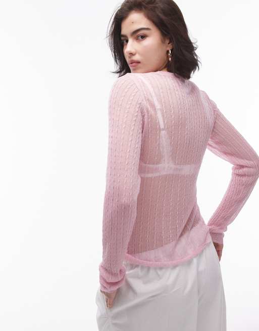 Topshop knitted sheer long sleeve top in pink