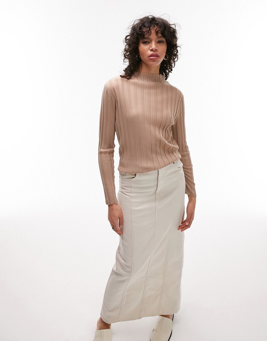 Topshop knitted sheer long sleeve top in taupe-Neutral