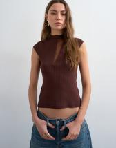 Topshop knitted sheer mix cap sleeve top in chocolate
