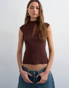 Knitted sheer mix cap sleeve top in chocolate