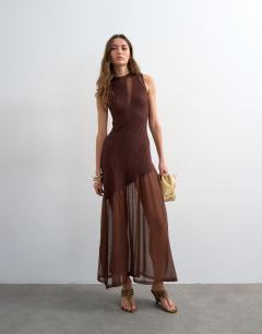 Knitted sheer mix dress in chocolate 