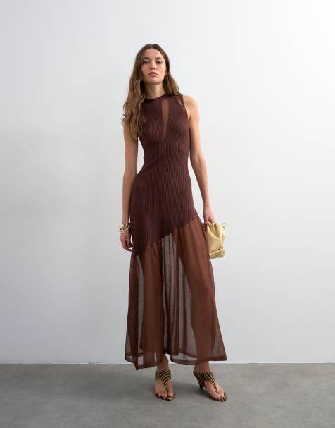 Topshop knitted sheer mix dress in chocolate 