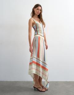 Model wearing Knitted sheer stripe full skirt co-ord in multi