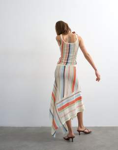Model wearing Knitted sheer stripe full skirt co-ord in multi