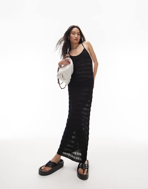 Topshop knitted sheer stripe midi dress in black - view 1