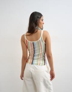 Model wearing Knitted sheer stripe vest co-ord in multi