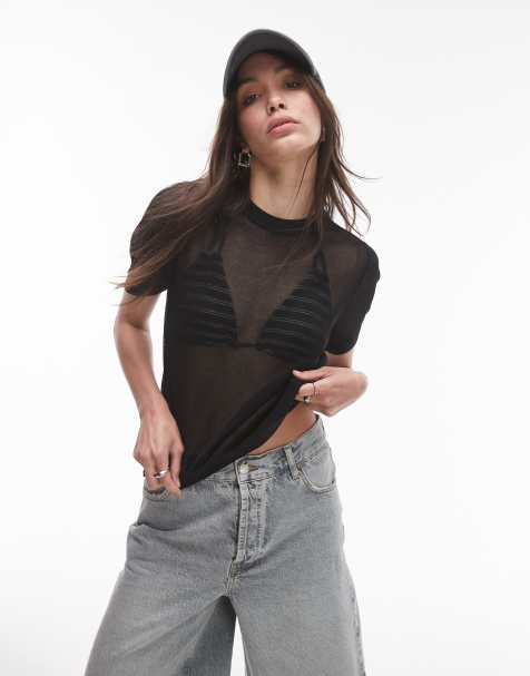 Topshop knitted sheer tshirt in black - view 1