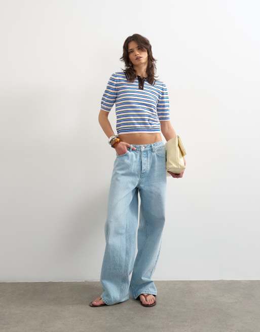Topshop knitted short sleeve fitted stripe polo top in multi, 2 of 4