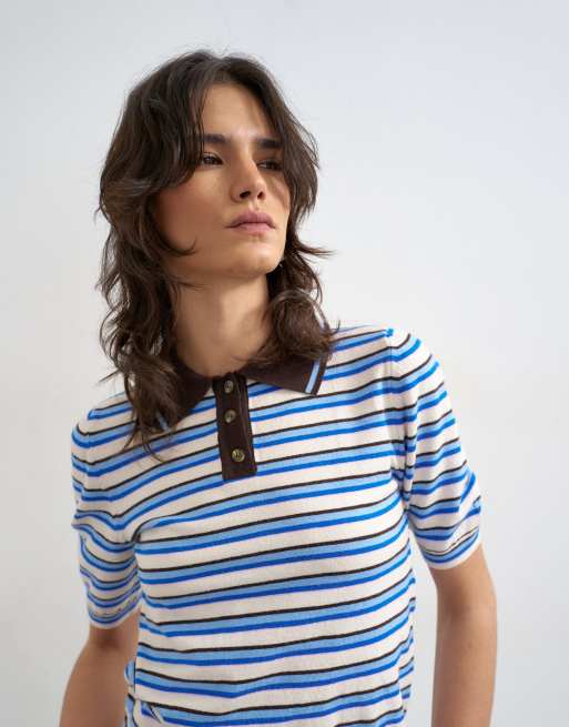 Topshop knitted short sleeve fitted stripe polo top in multi, 3 of 4