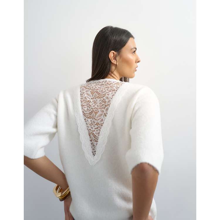 Topshop knitted short sleeve lace back detail jumper in ivory | ASOS