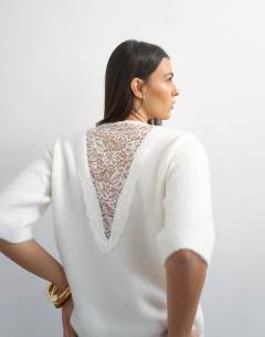 Knitted short sleeve lace back detail jumper in ivory