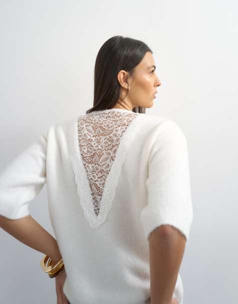 Topshop knitted short sleeve lace back detail jumper in ivory