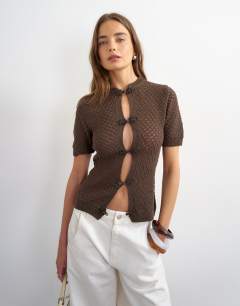 Model wearing Knitted short sleeve mandarin collar cardigan in brown
