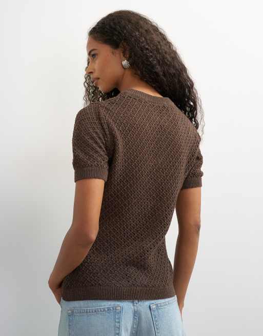 Topshop knitted short sleeve mandarin collar cardigan in brown, 4 of 4