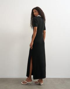 Model wearing Knitted short sleeve mandarin collar maxi dress with wool in black mono