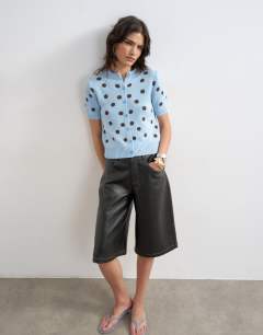Knitted short sleeve polka dot cardigan in blue