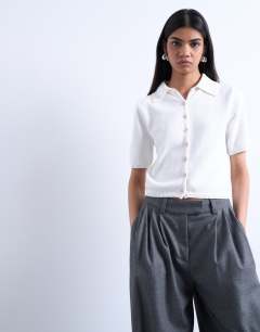 Knitted short sleeve polo top in neutral