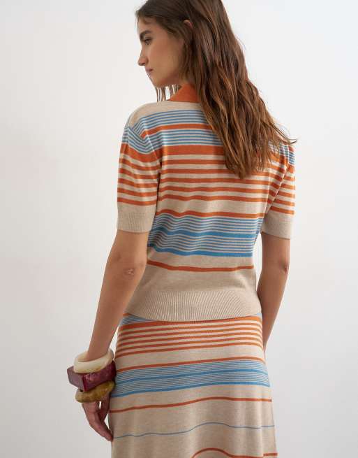 Topshop knitted short sleeve stripe polo top in blue multi (part of a set), 4 of 4