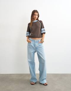 Model wearing Knitted short sleeve top with blue tipping in brown