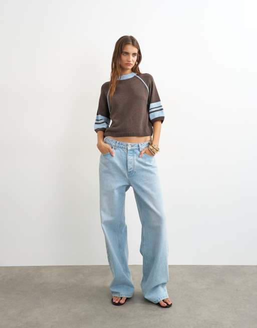 Topshop knitted short sleeve top with blue tipping in brown, 2 of 4