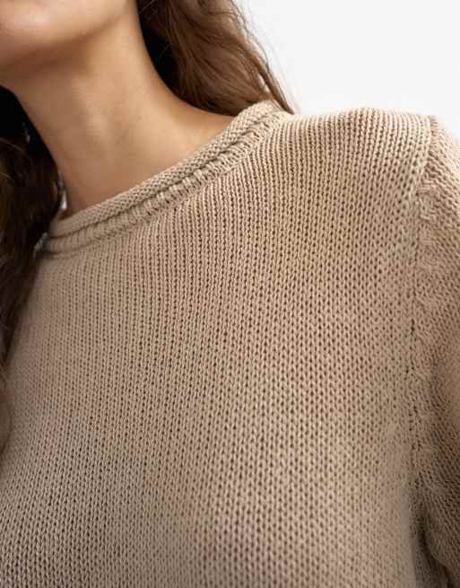 Topshop knitted short sleeve top with roll hem trims in mink brown, 3 of 4