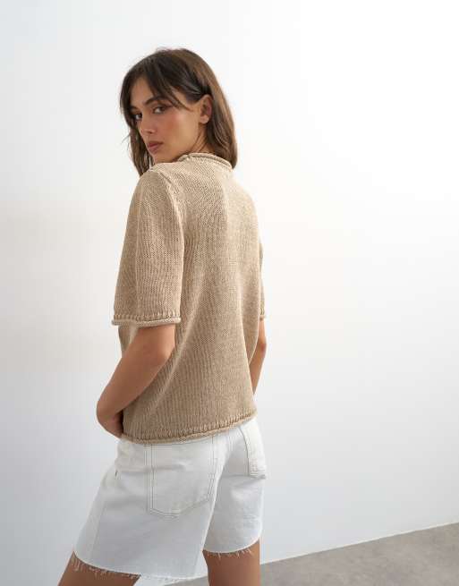 Topshop knitted short sleeve top with roll hem trims in mink brown, 4 of 4