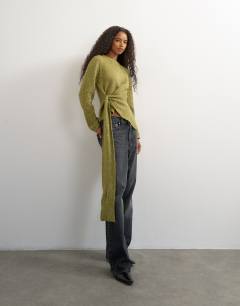 Model wearing Knitted side tie jumper with wool in olive green