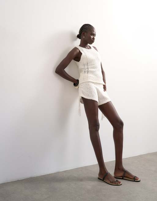 Topshop knitted side tie micro co-ord short in ivory