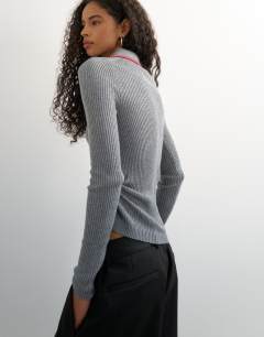 Model wearing Knitted side twist polo top with wool in grey