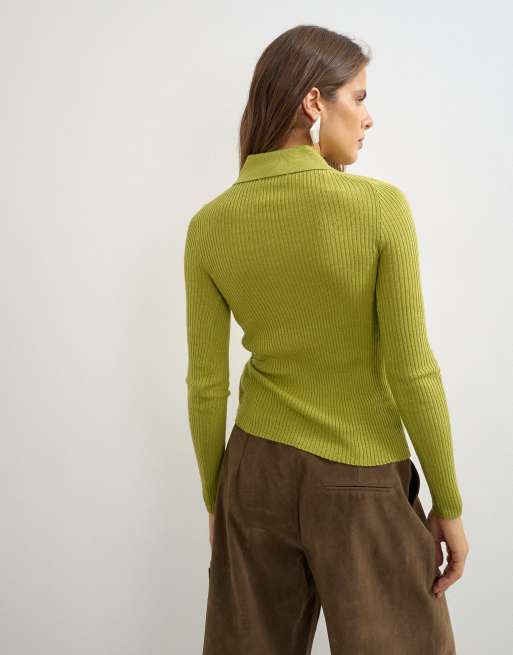 Topshop knitted side twist polo top with wool in lime, 3 of 4