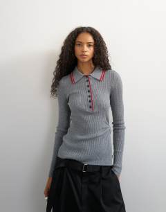 Model wearing Knitted side twist polo with wool in grey