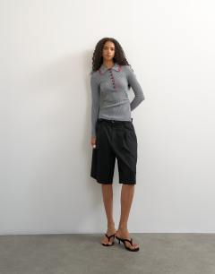 Model wearing Knitted side twist polo with wool in grey
