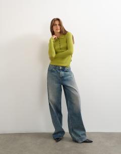 Model wearing Knitted side twist polo with wool in lime