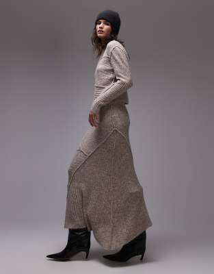 Topshop Knitted Skirt With Asymmetric Hem In Neutral