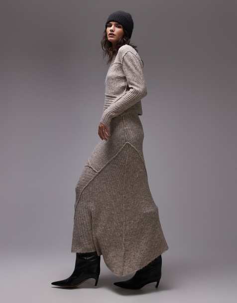 Topshop knitted co-ord skirt with asymmetric hem in oat