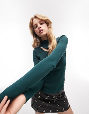 Topshop knitted slash front long sleeve top in teal