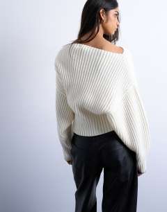 Model wearing Knitted slash neck jumper in ivory