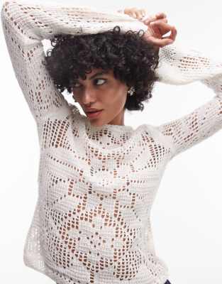 Topshop knitted slash neck lace long sleeve top in ivory - view 1