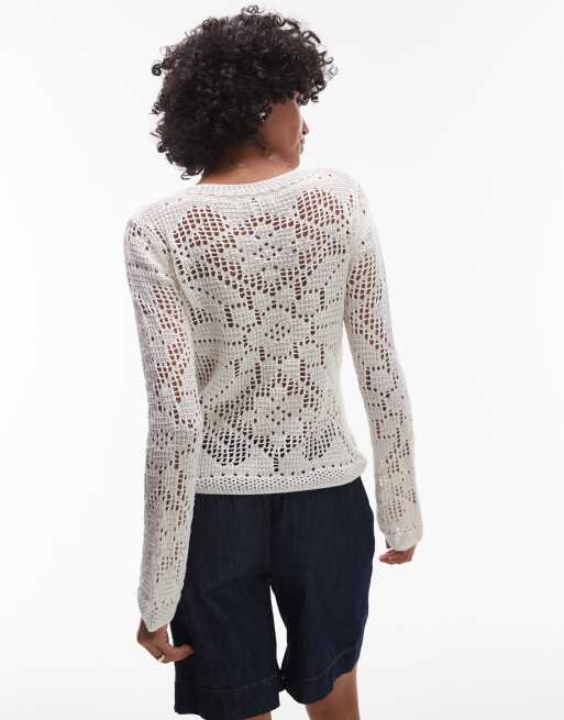 Topshop knitted slash neck lace long sleeve top in ivory